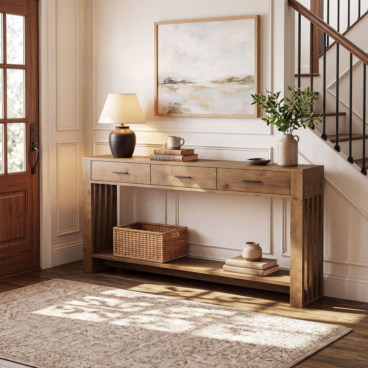 160cm Console Table, Solid Wood 3-Drawer 2-Tier Narrow Farmhouse Entryway Table