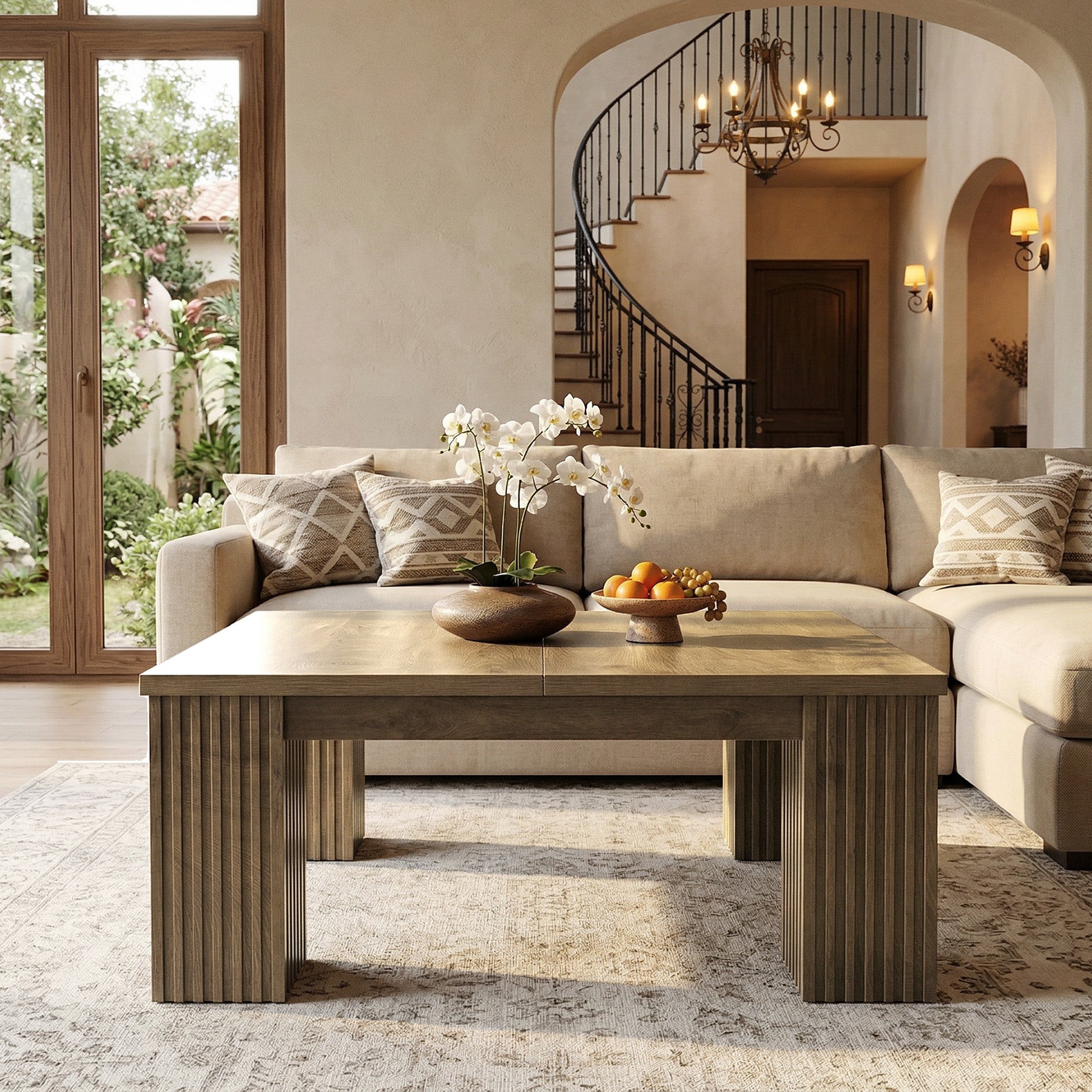 100cm Square Coffee Table, Farmhouse Center Table with Fluted Legs