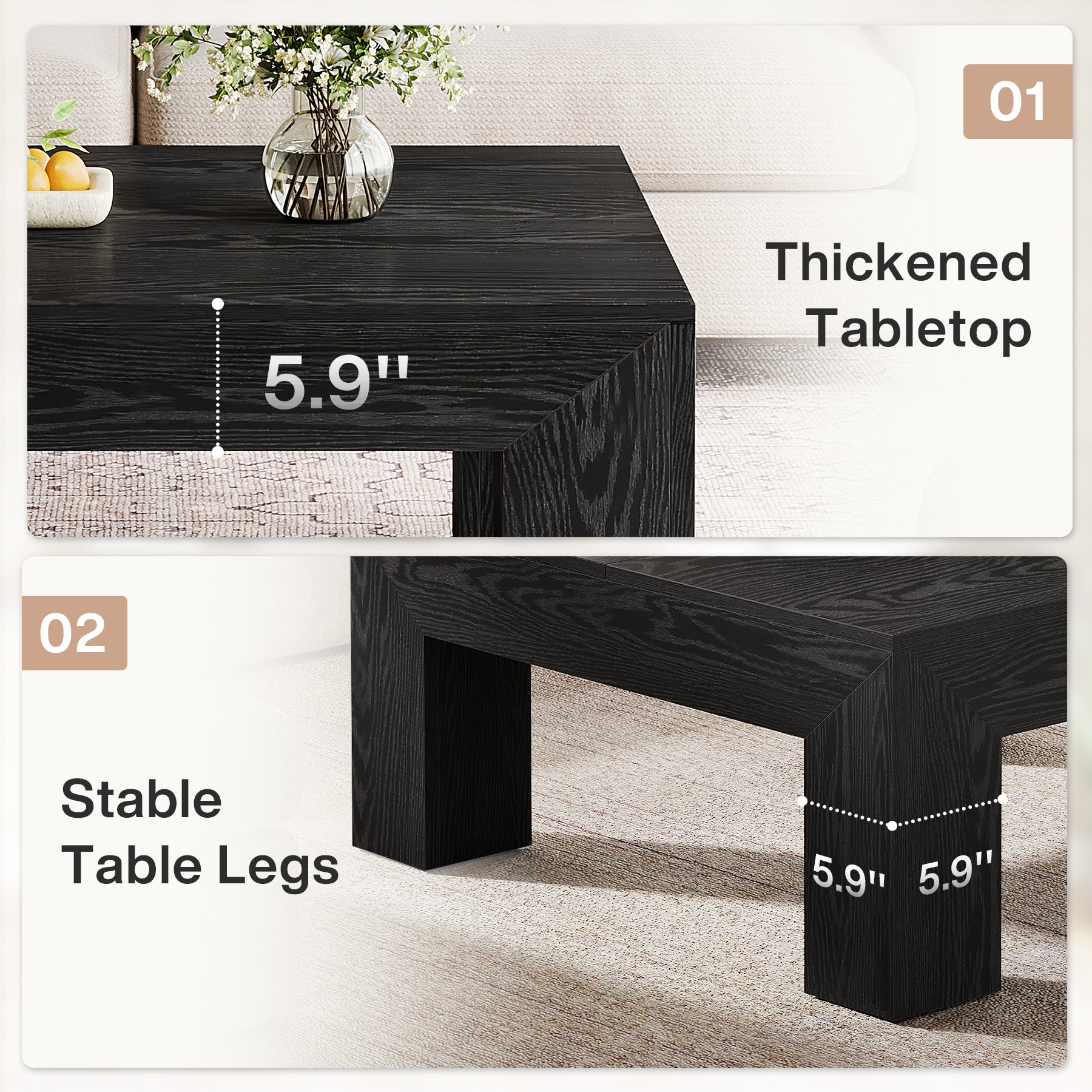 39" Square Farmhouse Coffee Table, Tea Table with Sturdy Wood Legs