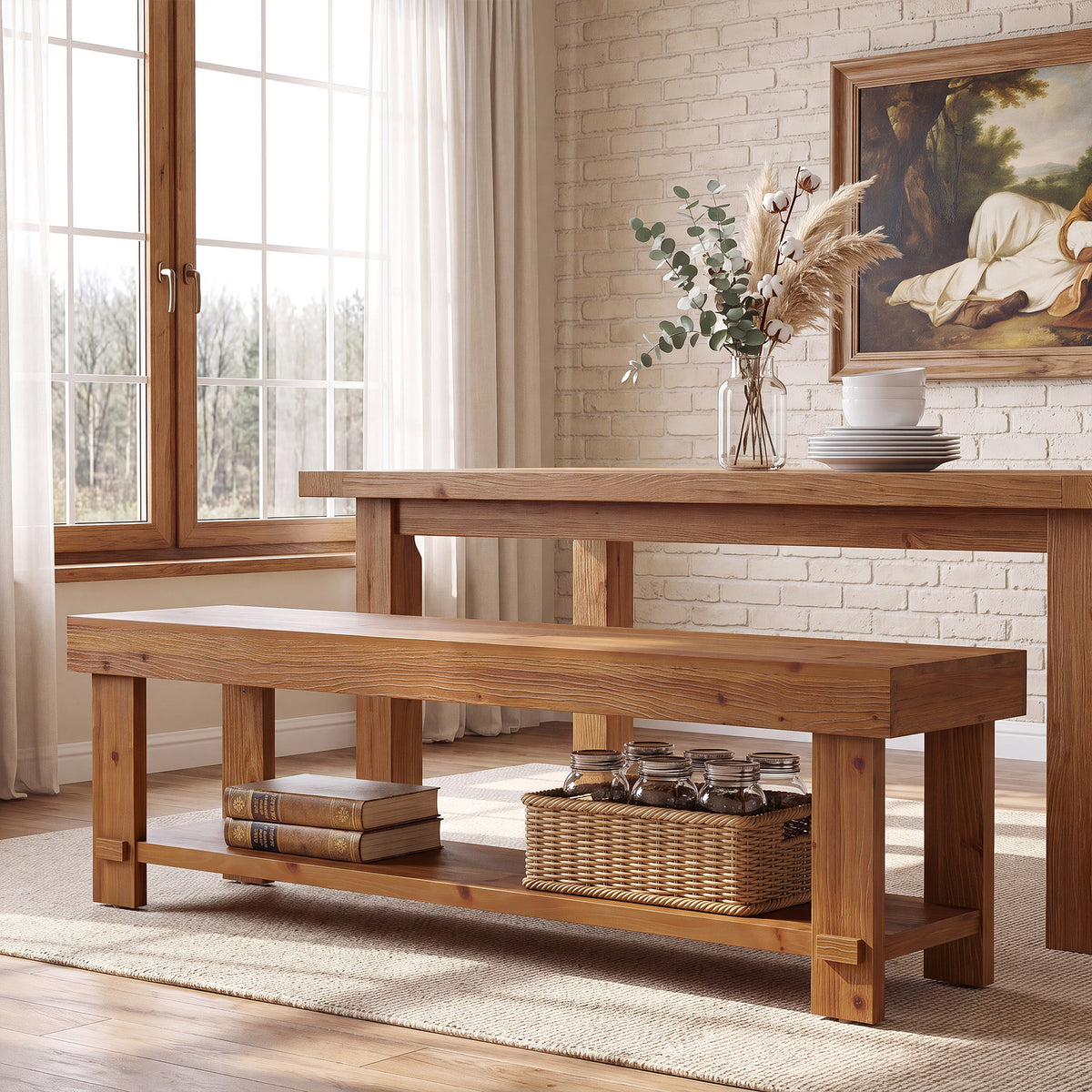 160cm Entryway Bench, Rustic Solid Wood 2-Tier Shoe Bench for Hallway