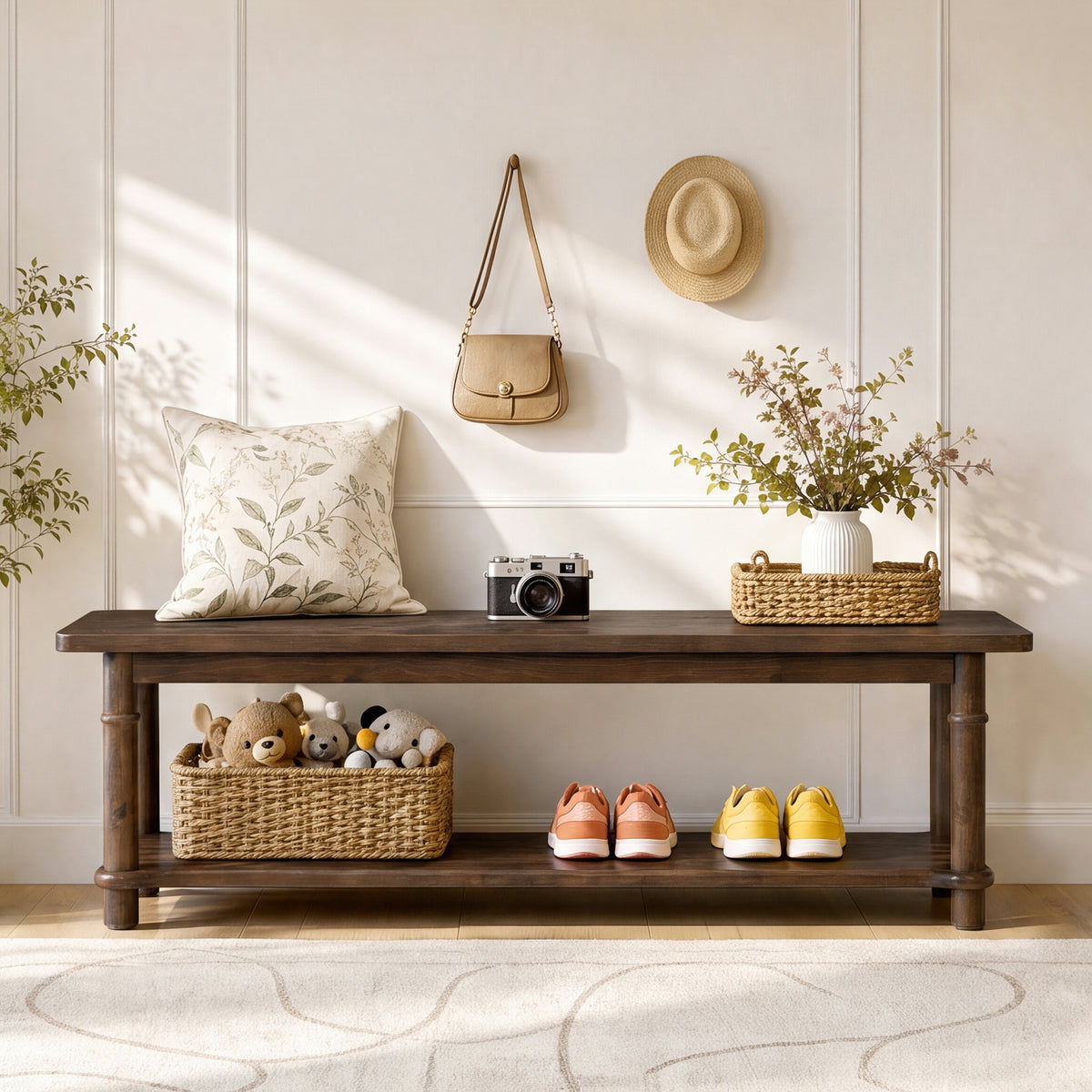 140cm Entryway Bench, Farmhouse 2-Tier Solid Wood Shoe Bench with Open Shelf
