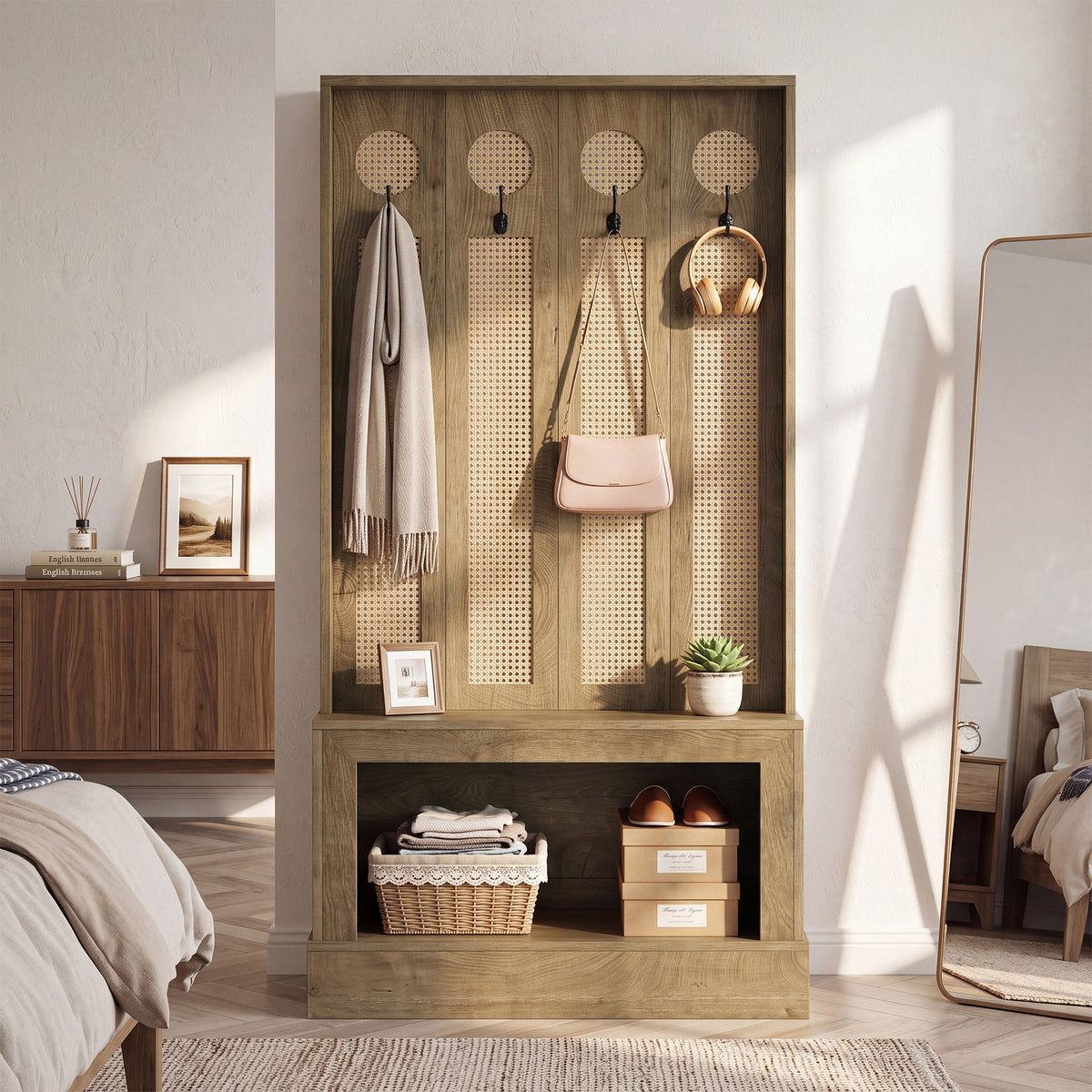 177cm Wall Room Divider, Rattan Partition with LED Light, Shelves & 4 Hooks for Living Room