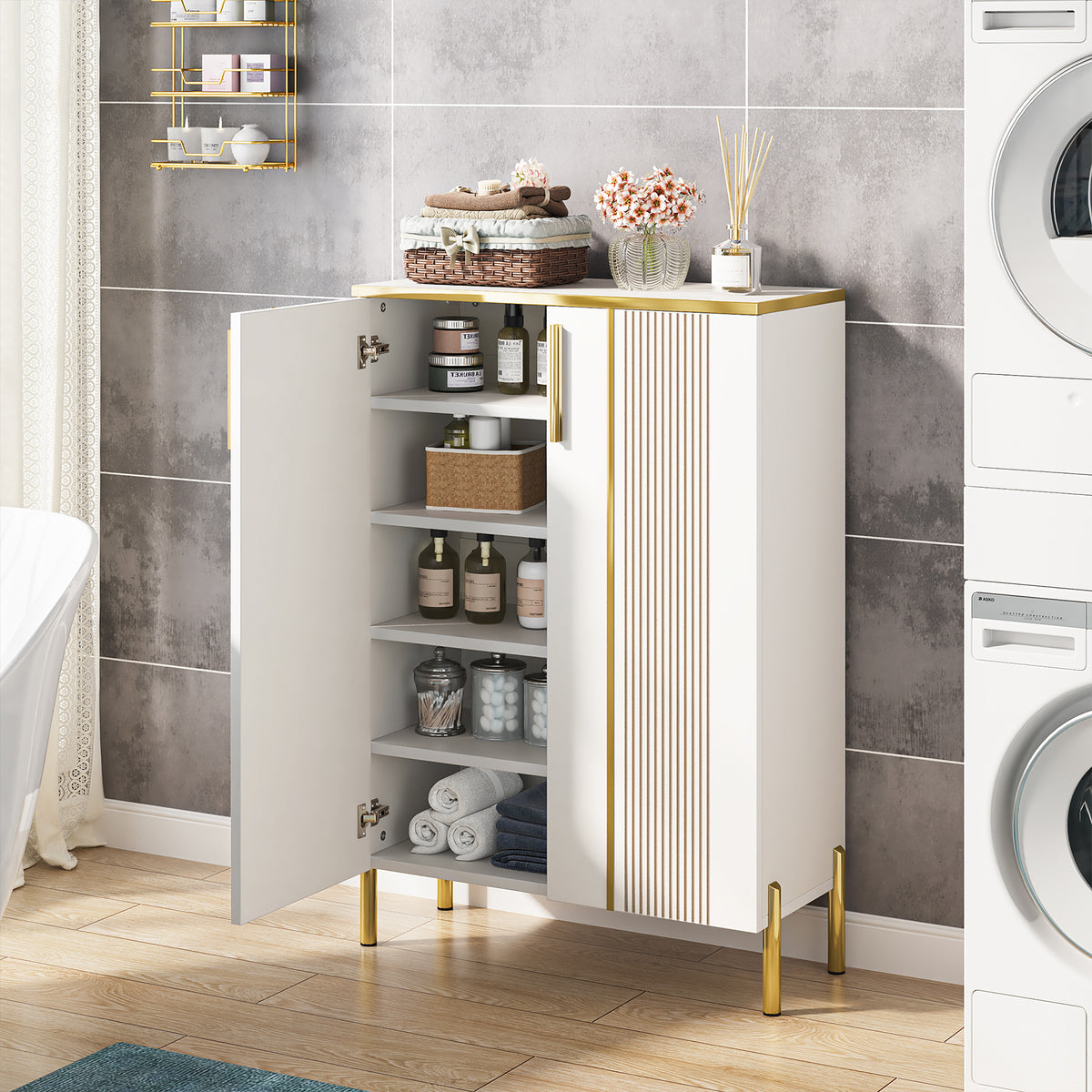 100cm Shoe Cabinet, White 6-Shelf Storage Cabinet with Gold Accents