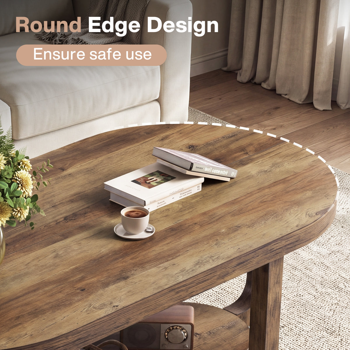 140cm Oval Coffee Table, 2-Tier Storage with Curved Leg Design for Living Room