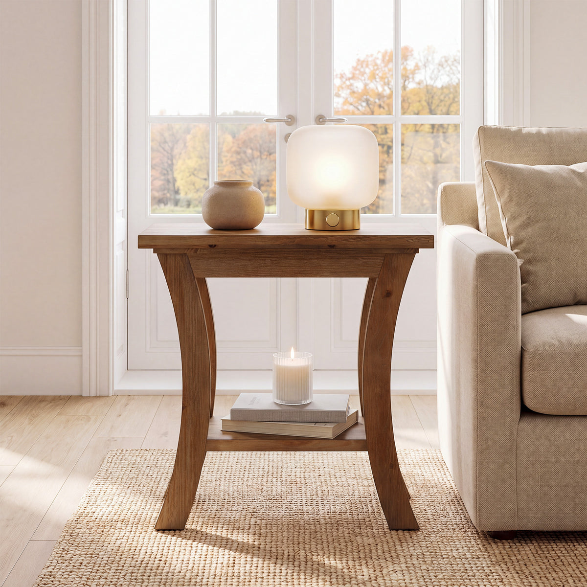 60cm Side Table, Solid Wood Farmhouse End Table with Lower Shelf
