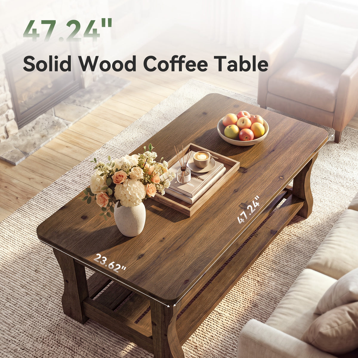 47" Solid Wood Coffee Table, Farmhouse 2-Tier Living Room Center Table, Dark Brown