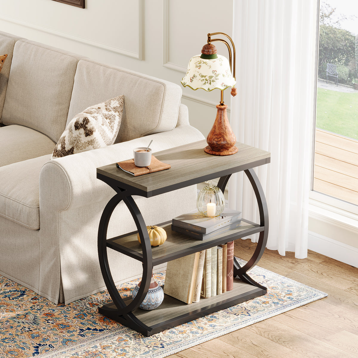 3-Tier End Table, Narrow Side Table Nightstand with Metal Frame