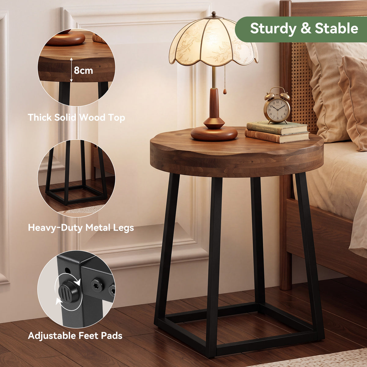 50cm Round End Table, Solid Wood Live Edge Side Table with Metal Base for Living Room