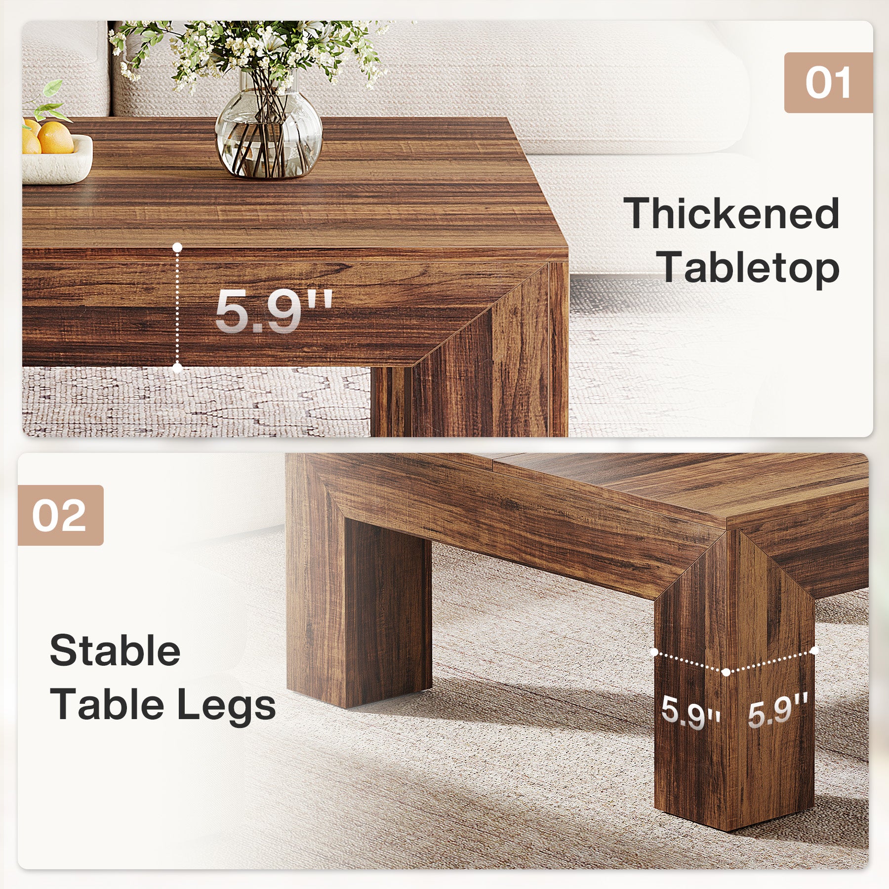 39" Square Farmhouse Coffee Table, Tea Table with Sturdy Wood Legs