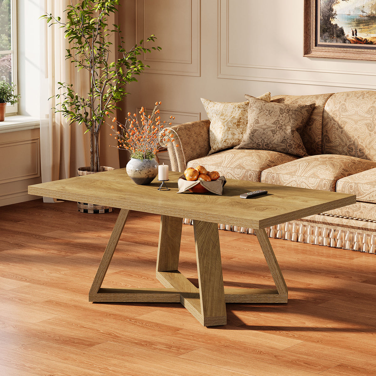 120cm Rectangle Coffee Table, Farmhouse Wooden Accent Table for Small Spaces