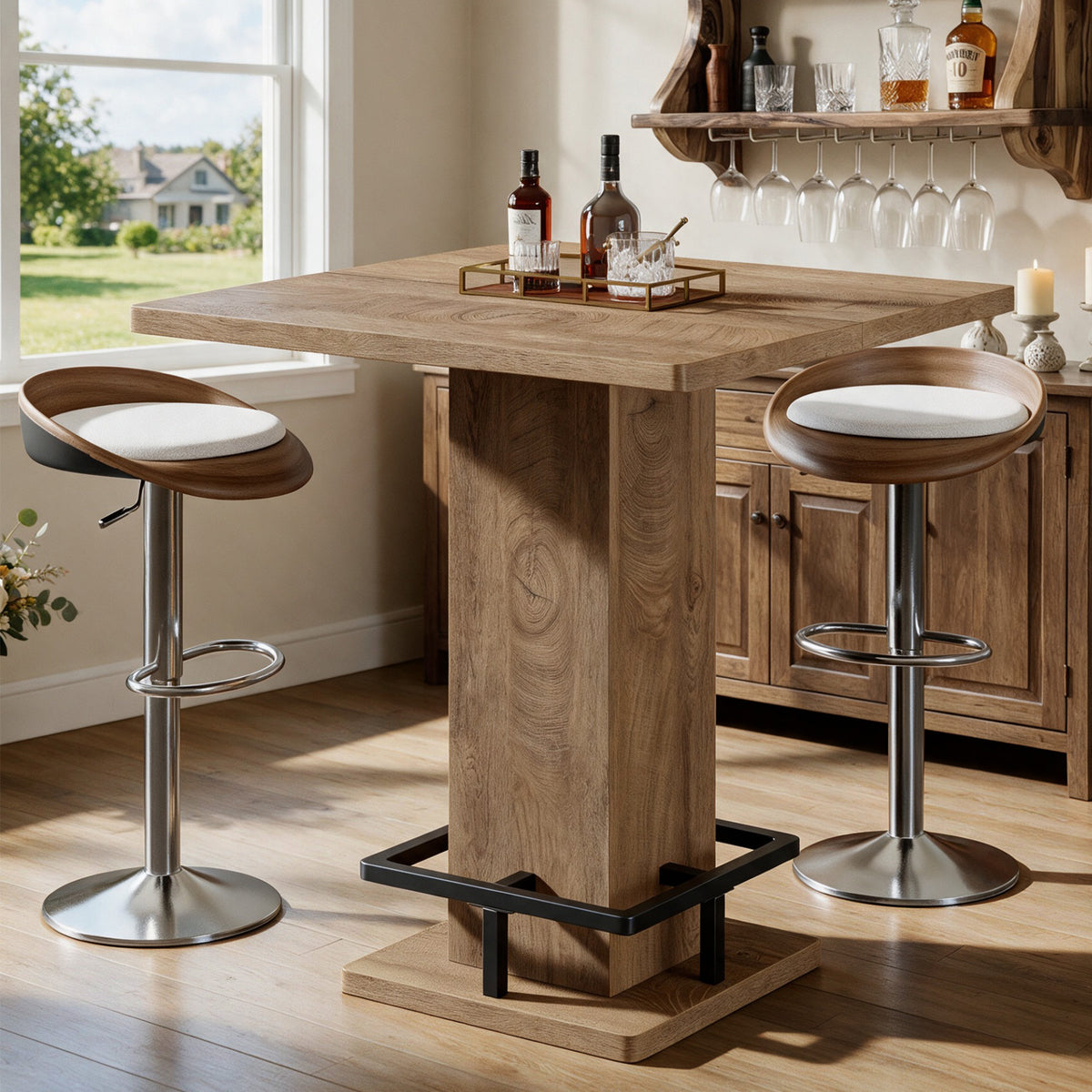 80cm Square Bar Table, Pedestal Base with Built-In Footrest for Home Bar