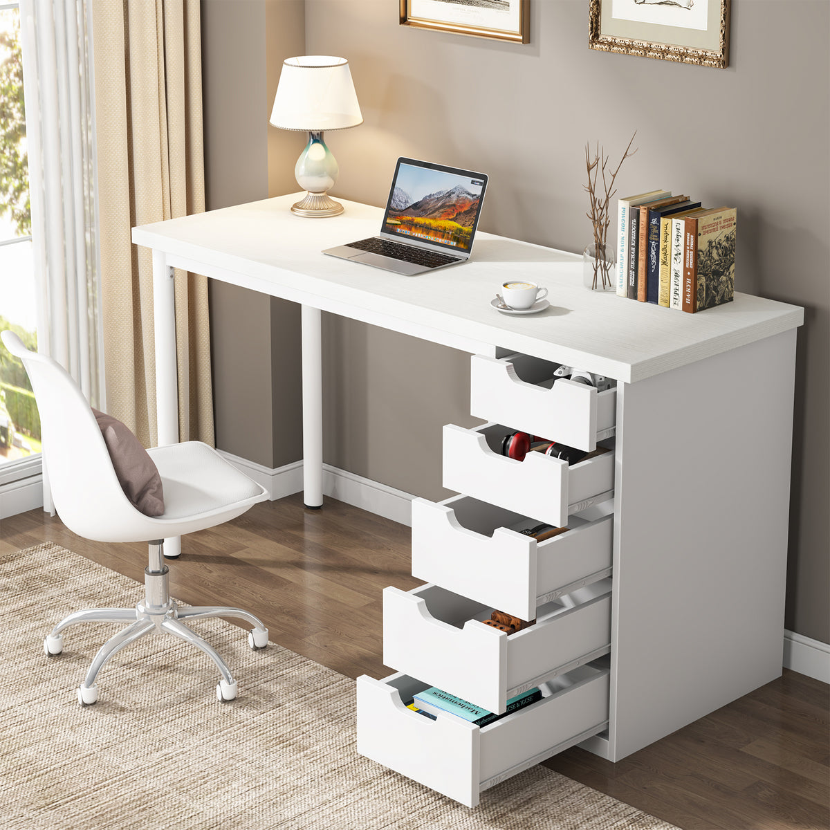 120cm Computer Desk, 5-Drawer Modern Study Table Writing Desk