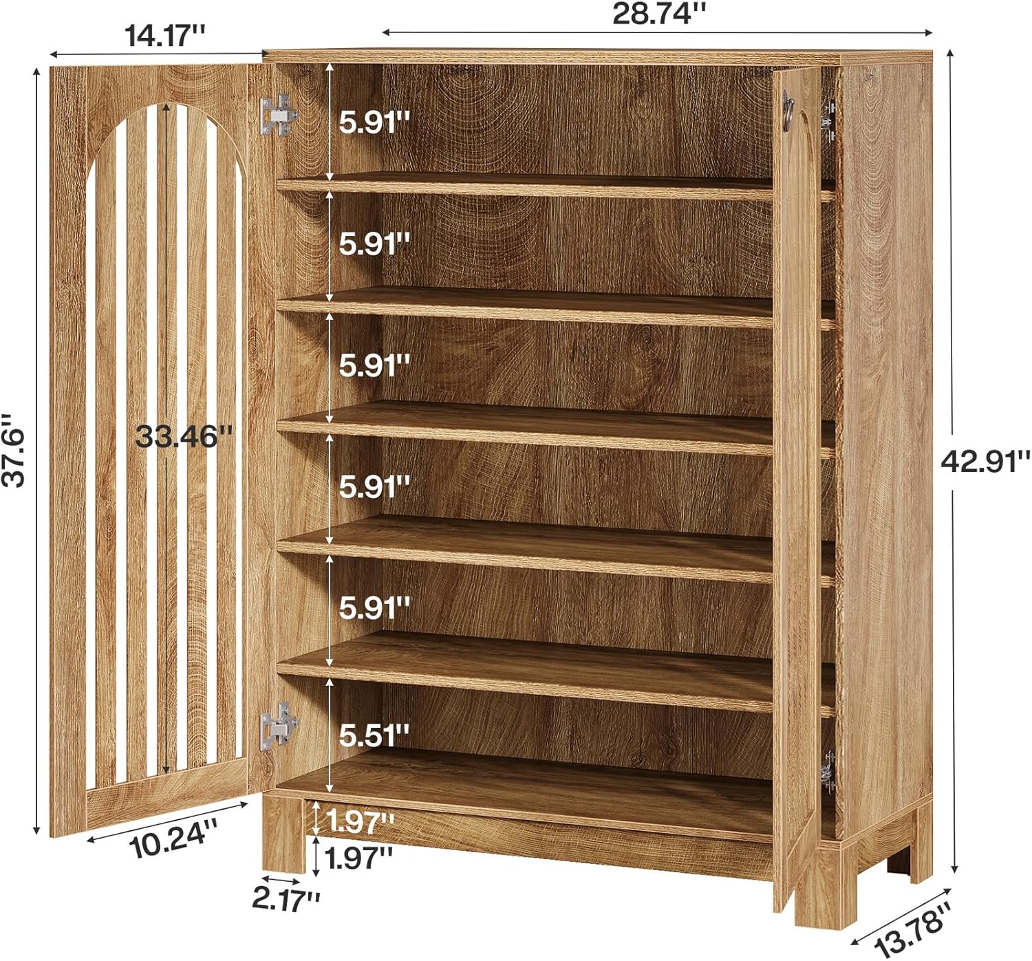 35" 6-Tier Shoe Cabinet, Wooden Shoe Rack with Airy Doors & Adjustable Shelves