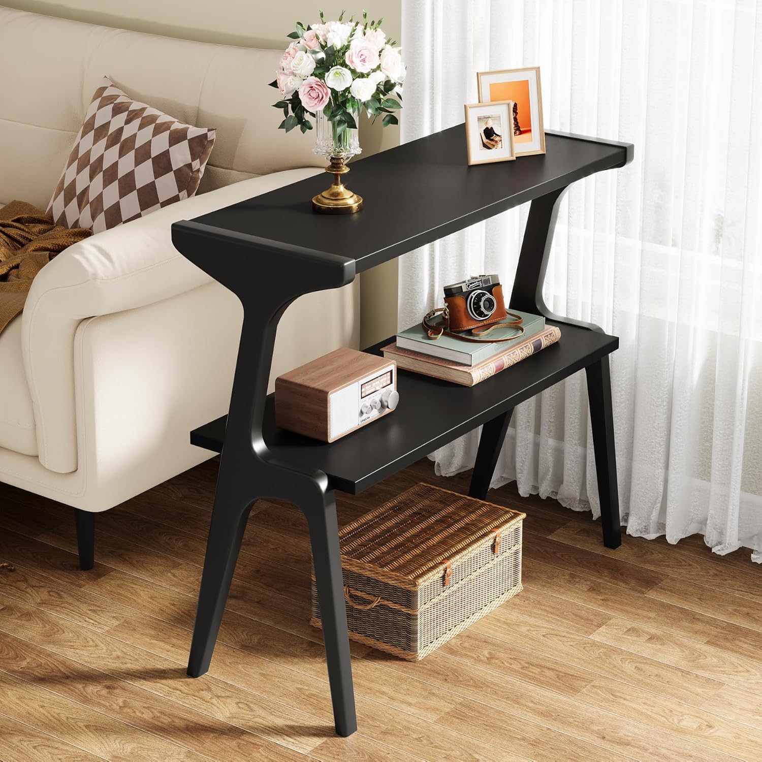 27.5" 2-Tier End Table, Slim Sofa Side Table with Storage Shelf