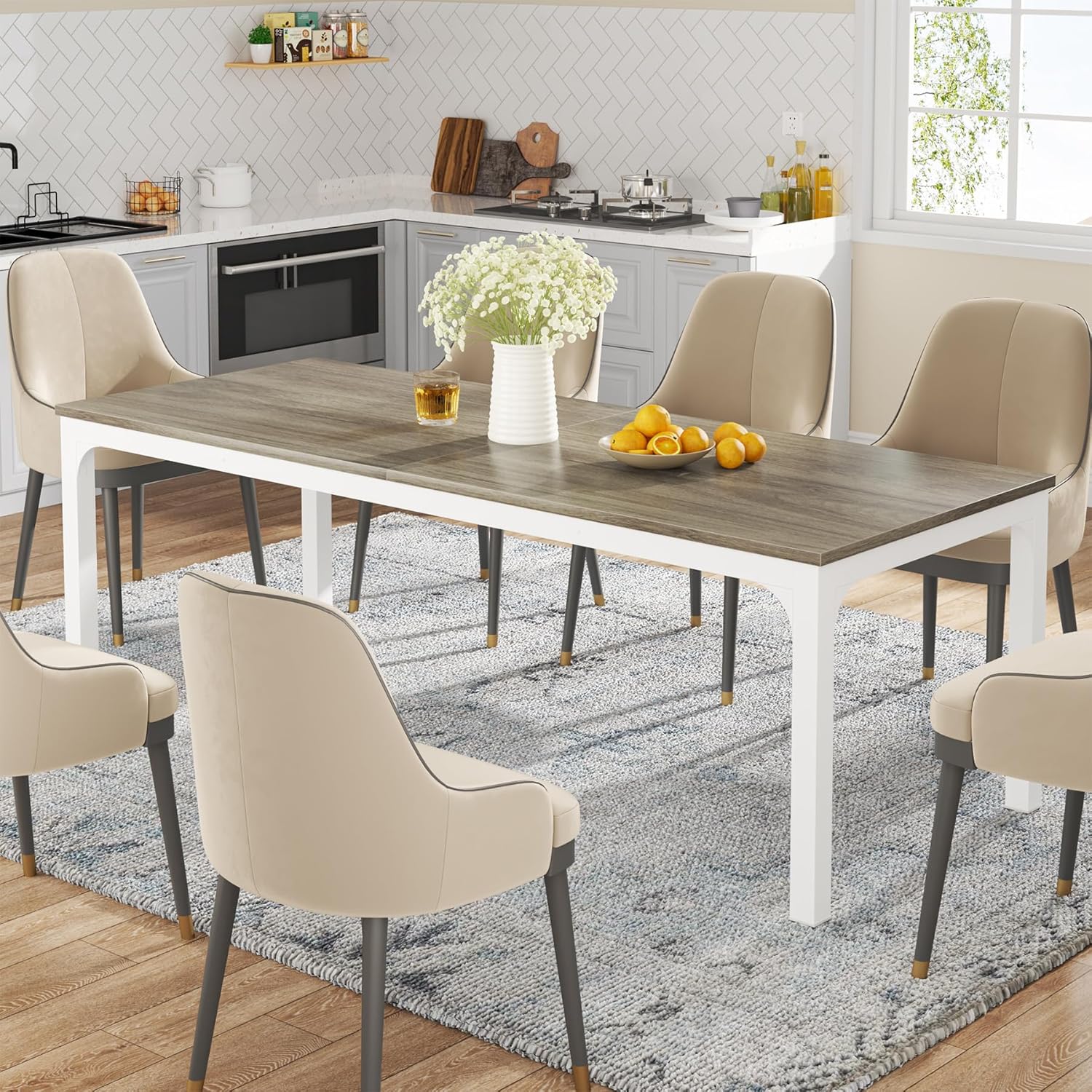 78" Rectangular Dining Table, Long Kitchen Table for 6-8 People