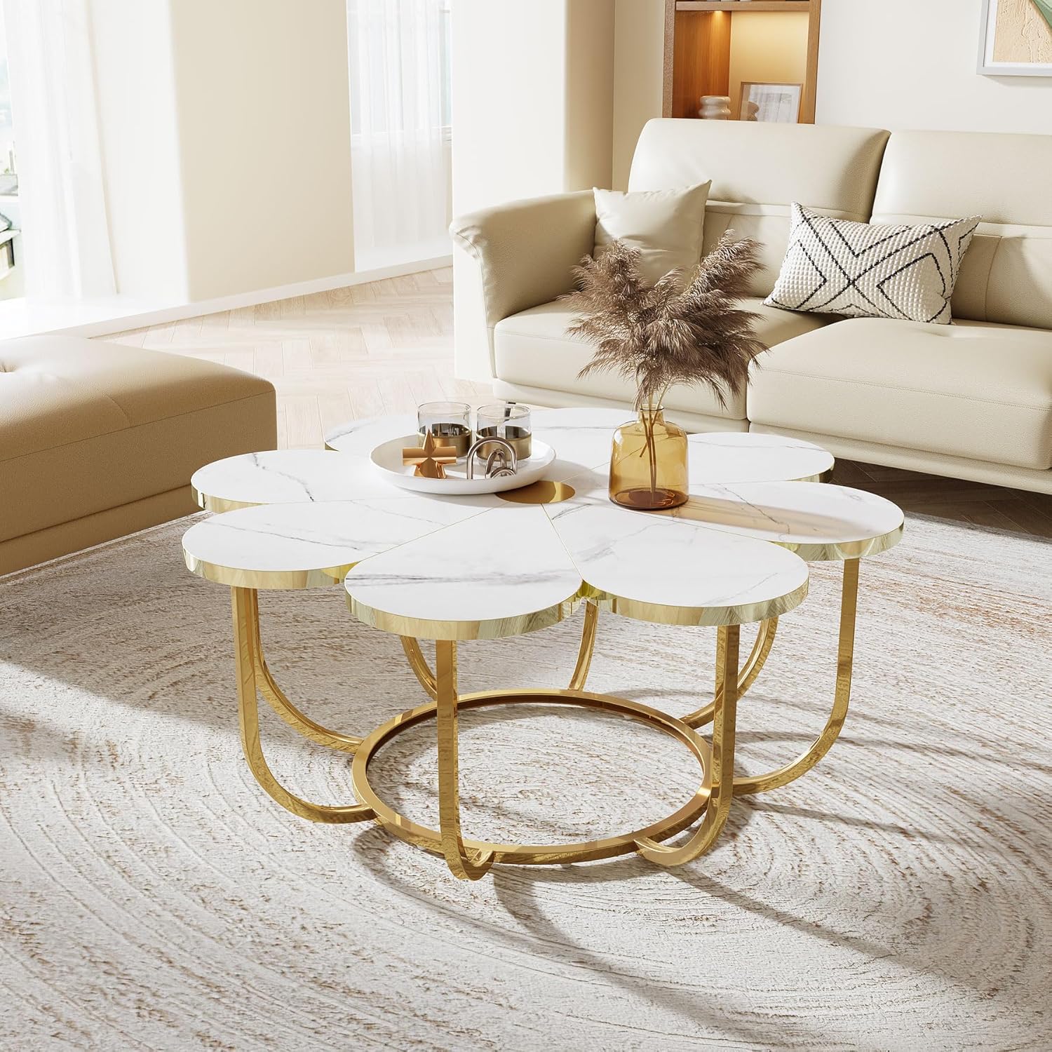 39.37" Floral Design Coffee Table, Faux Marble Top Modern Center Table for Living Room