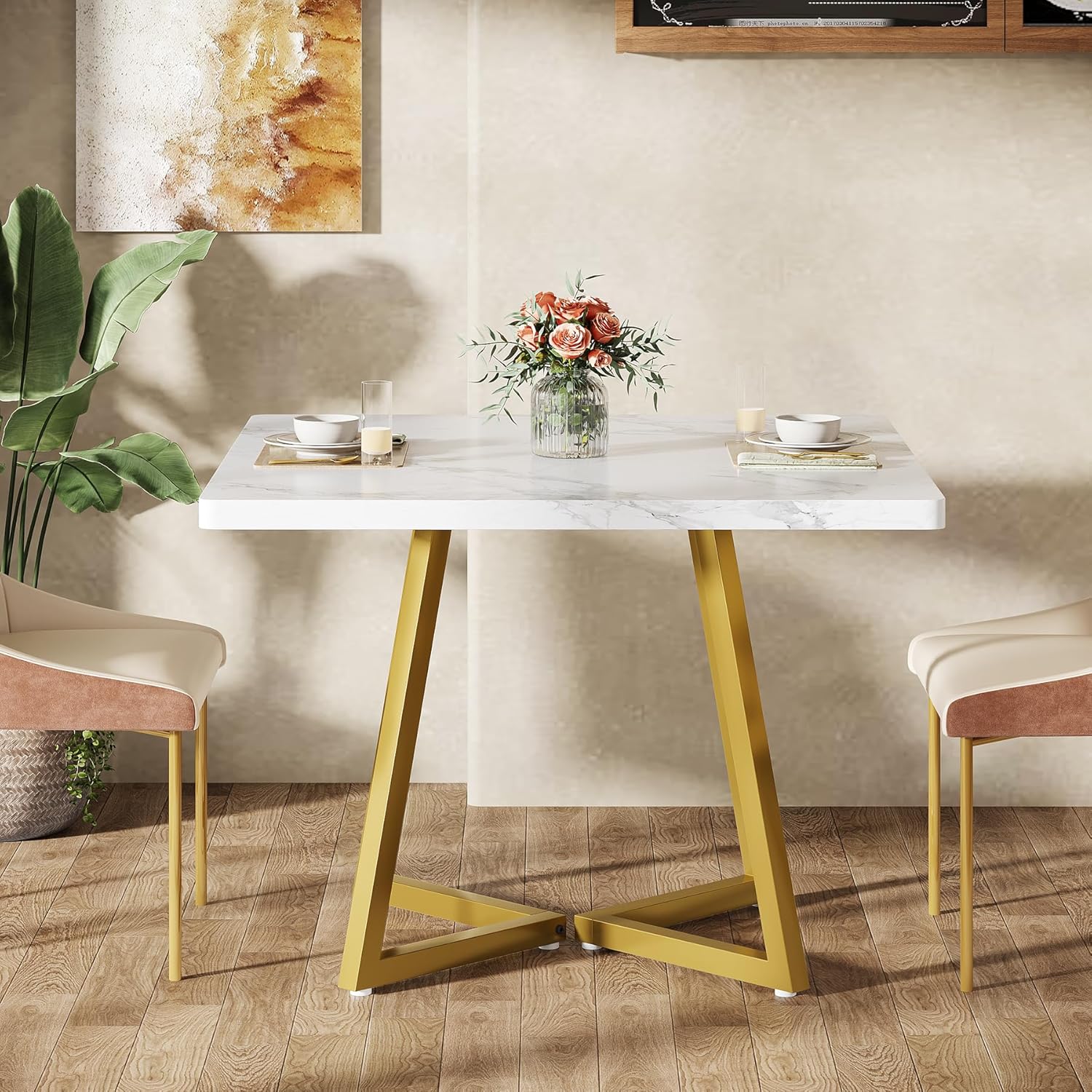 31.5" Square Dining Table, Wood Kitchen Table with Metal Legs for 4