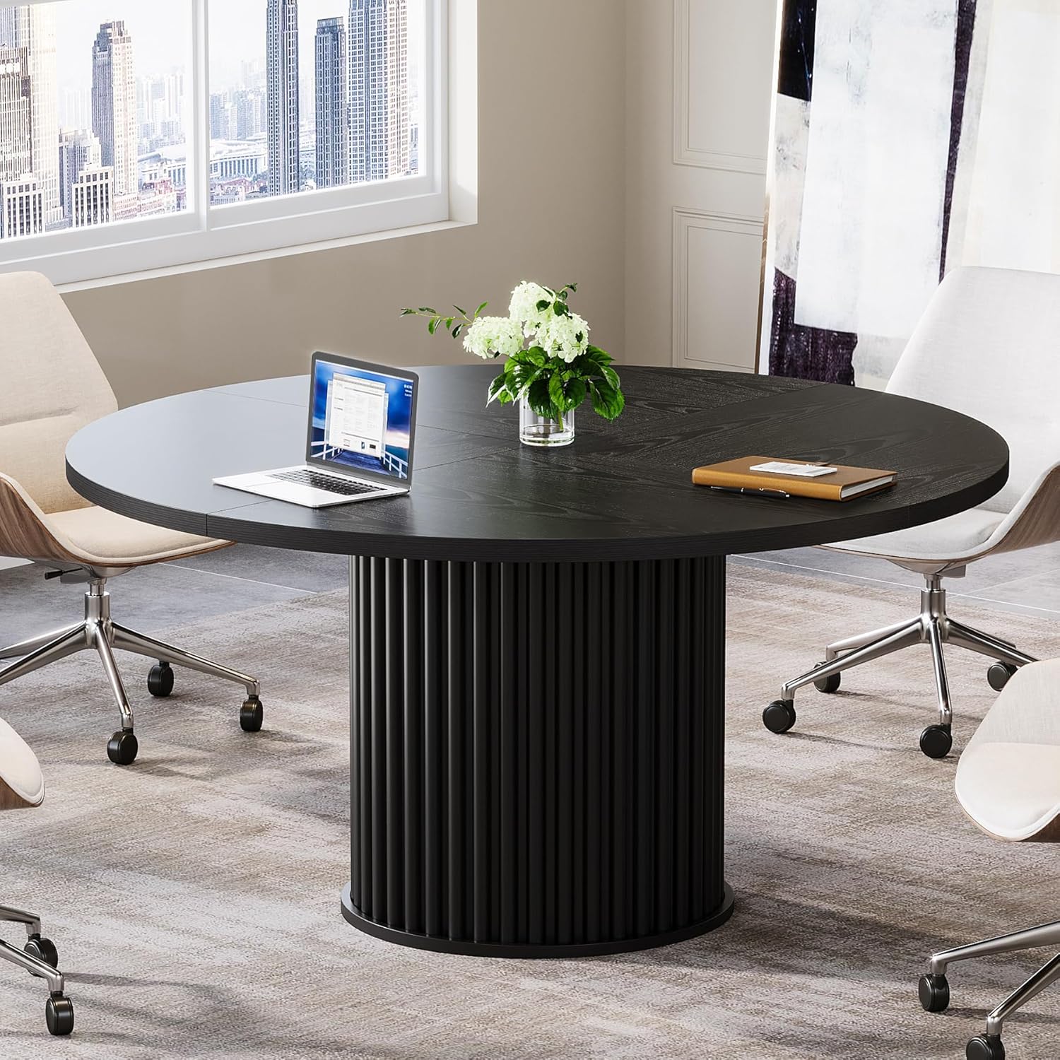 47" Round Conference Table for 4–6 People, Meeting Table with Sturdy Metal Base