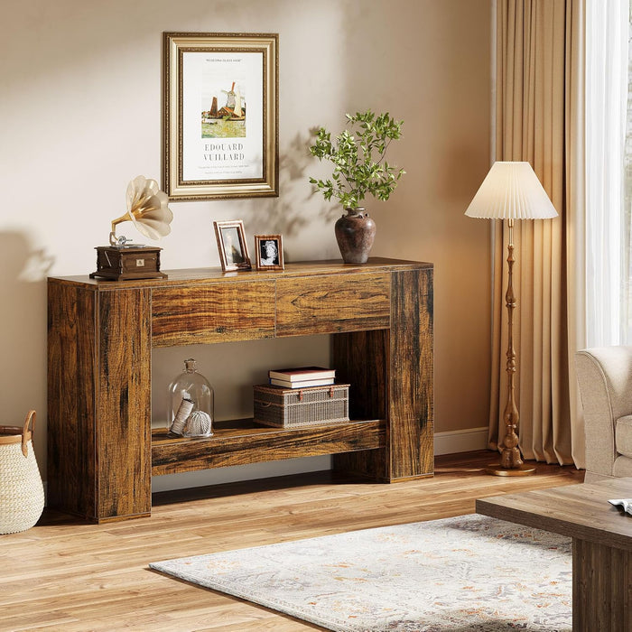 140cm Console Table, Rustic Brown 2-Drawer 2-Tier Narrow Hallway Table