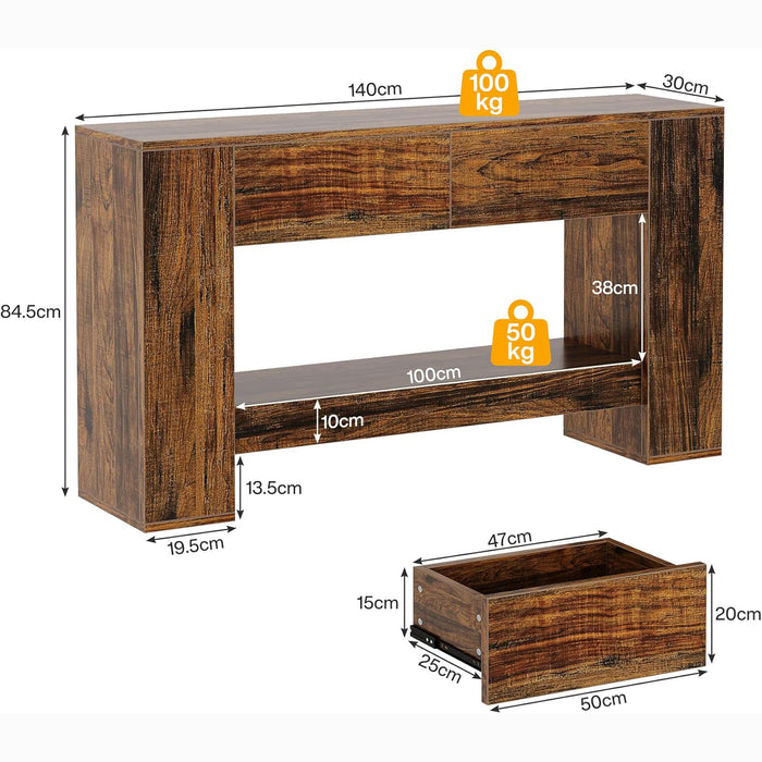 140cm Console Table, Rustic Brown 2-Drawer 2-Tier Narrow Hallway Table