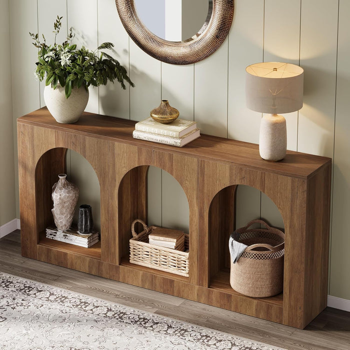 160cm Rustic Console Table, Narrow Entryway Table with 3 Arched Shelves
