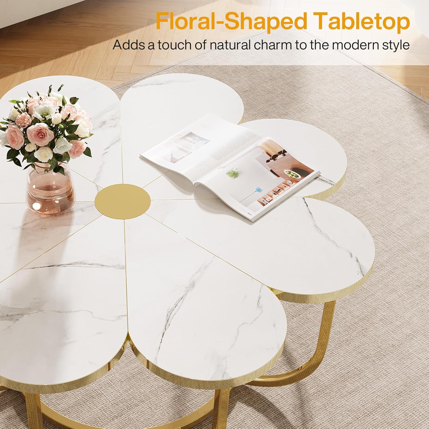 39.37" Floral Design Coffee Table, Faux Marble Top Modern Center Table for Living Room