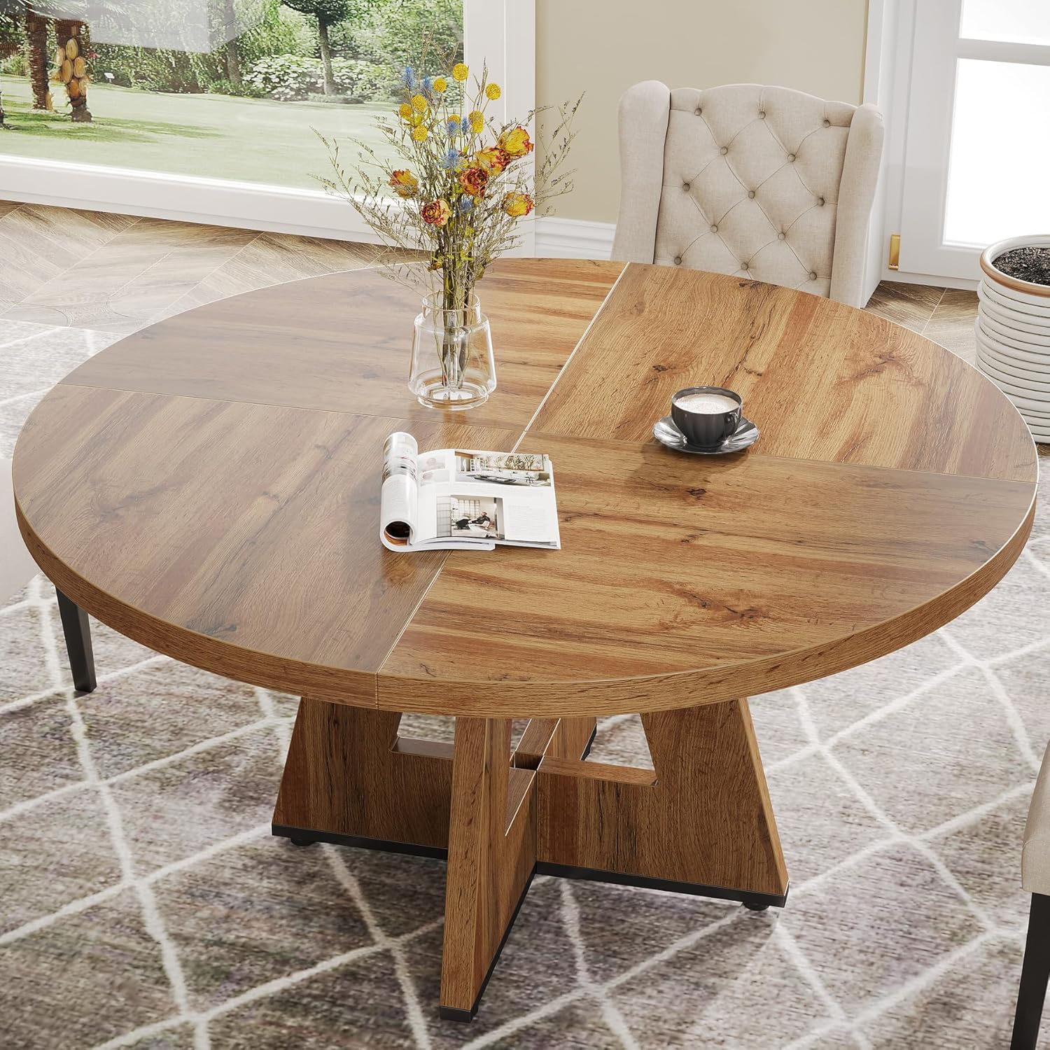 47" Round Dining Table, Farmhouse Wood Kitchen Table for 4-6 with Cross Base