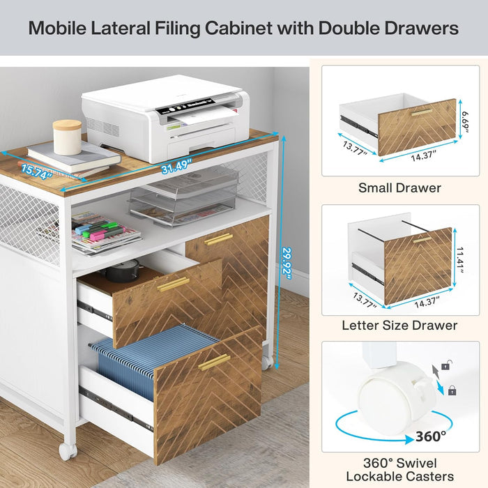 80cm File Cabinet, Lateral Printer Stand with Drawers & Rolling Casters
