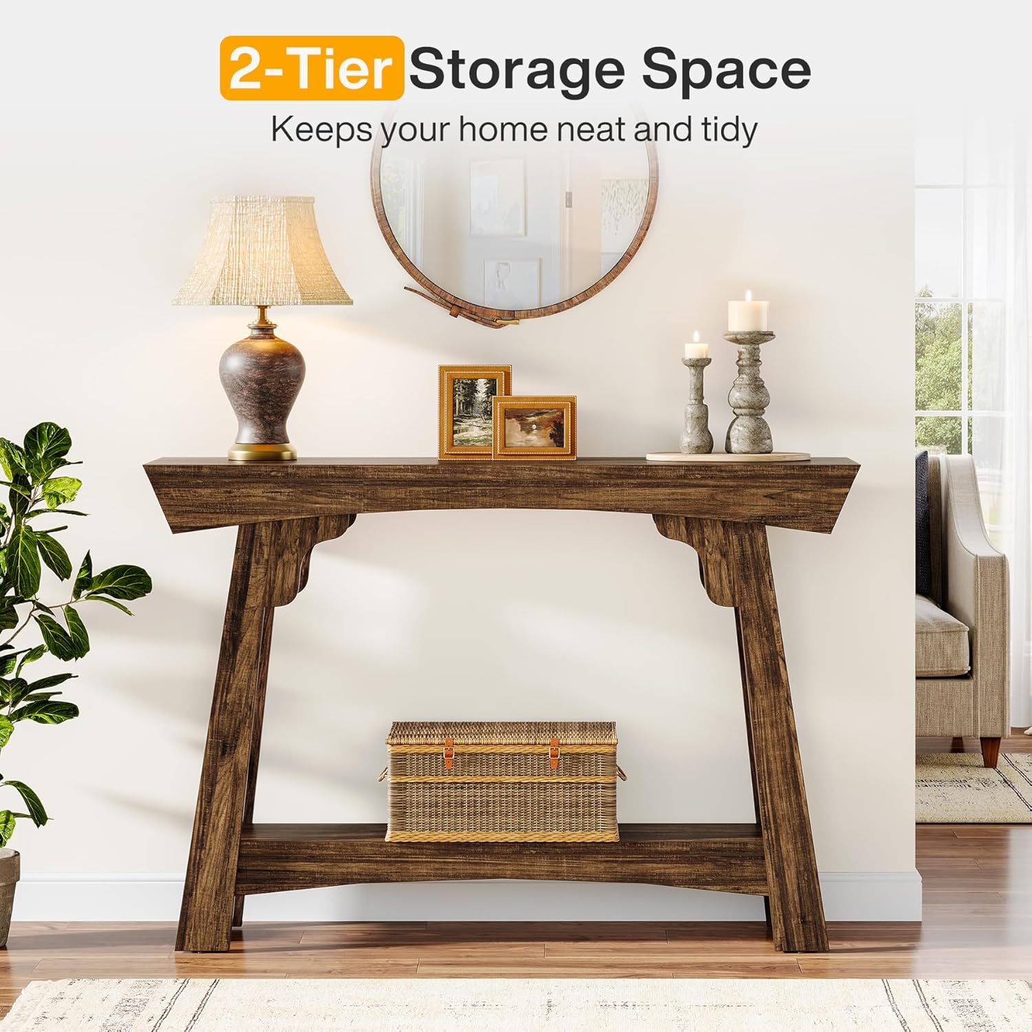 2-Tier Wood Entryway Table with Storage, Farmhouse Narrow Sofa Table
