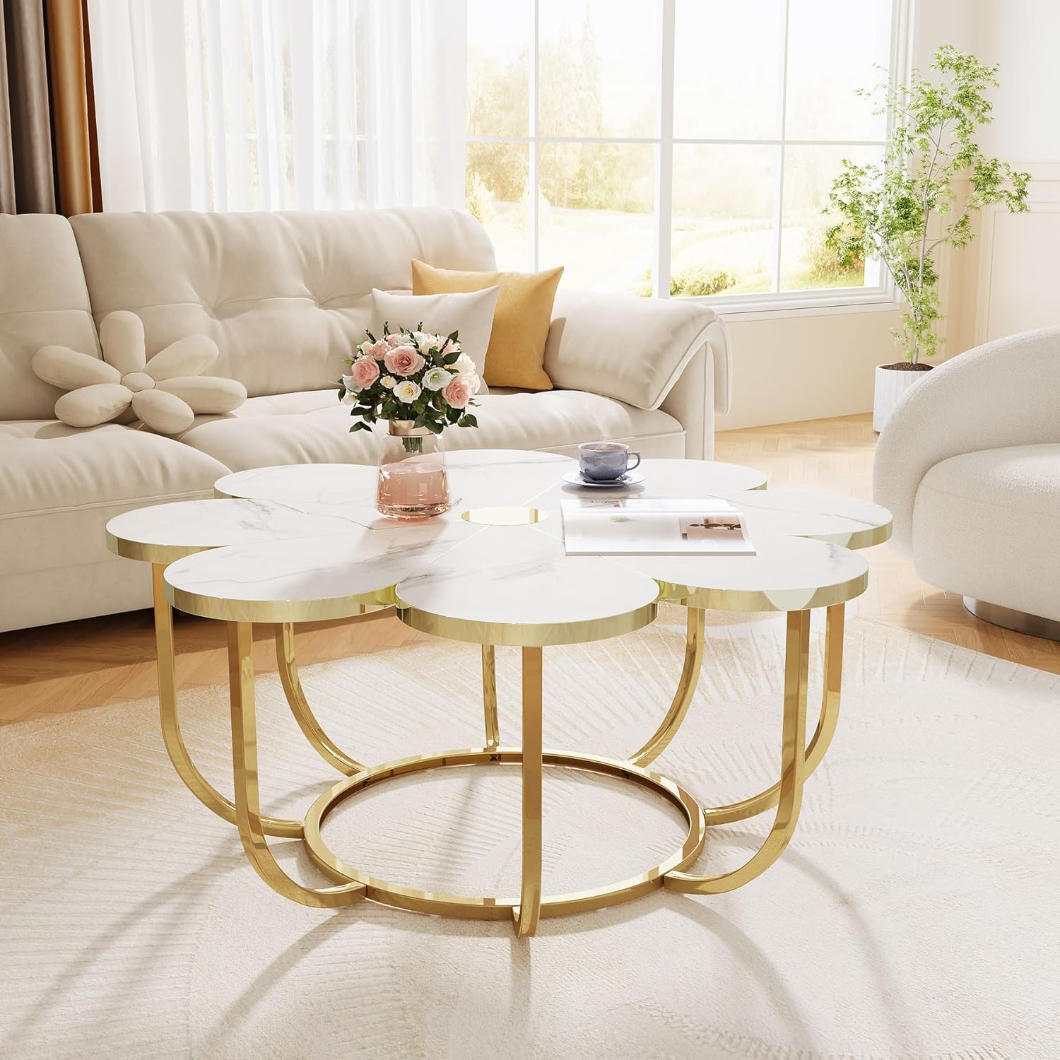 39.37" Floral Design Coffee Table, Faux Marble Top Modern Center Table for Living Room