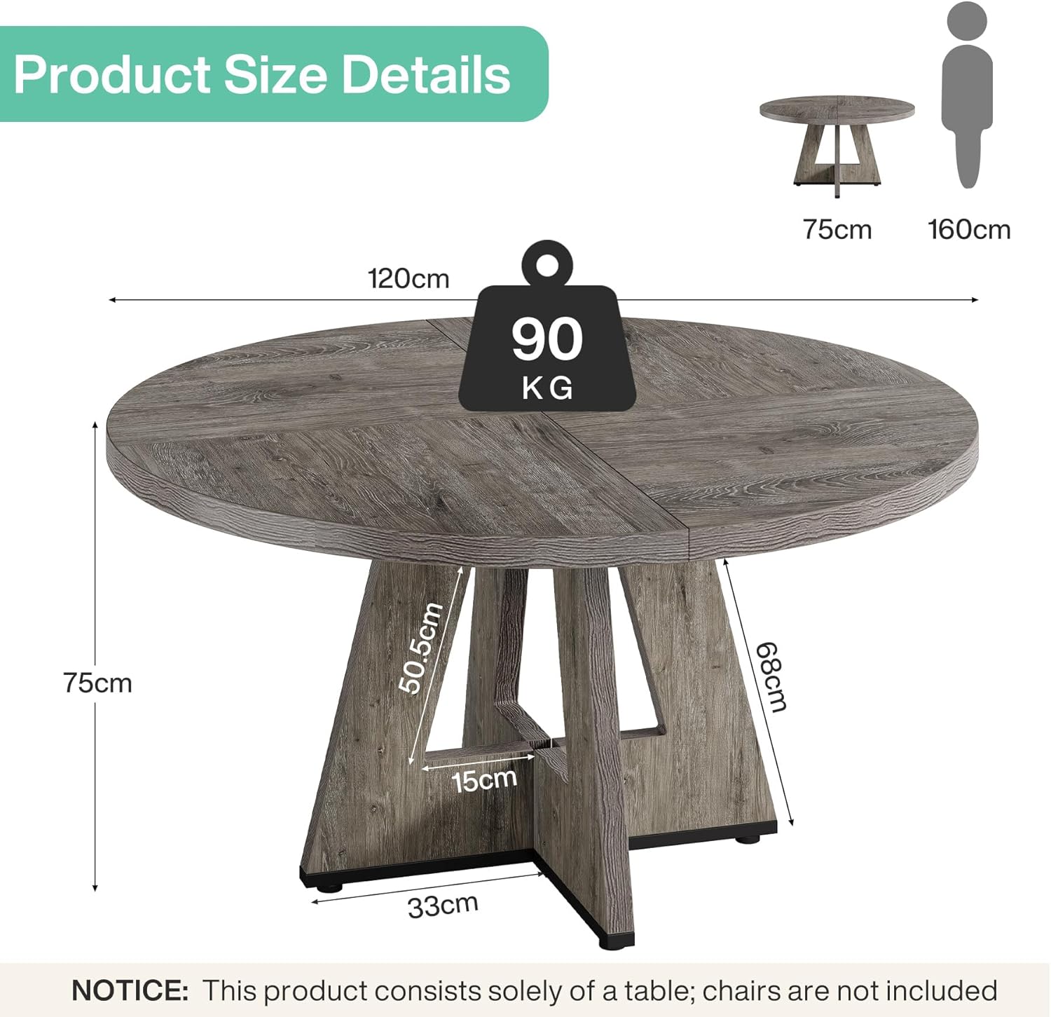 47" Round Dining Table, Farmhouse Wood Kitchen Table for 4-6 with Cross Base
