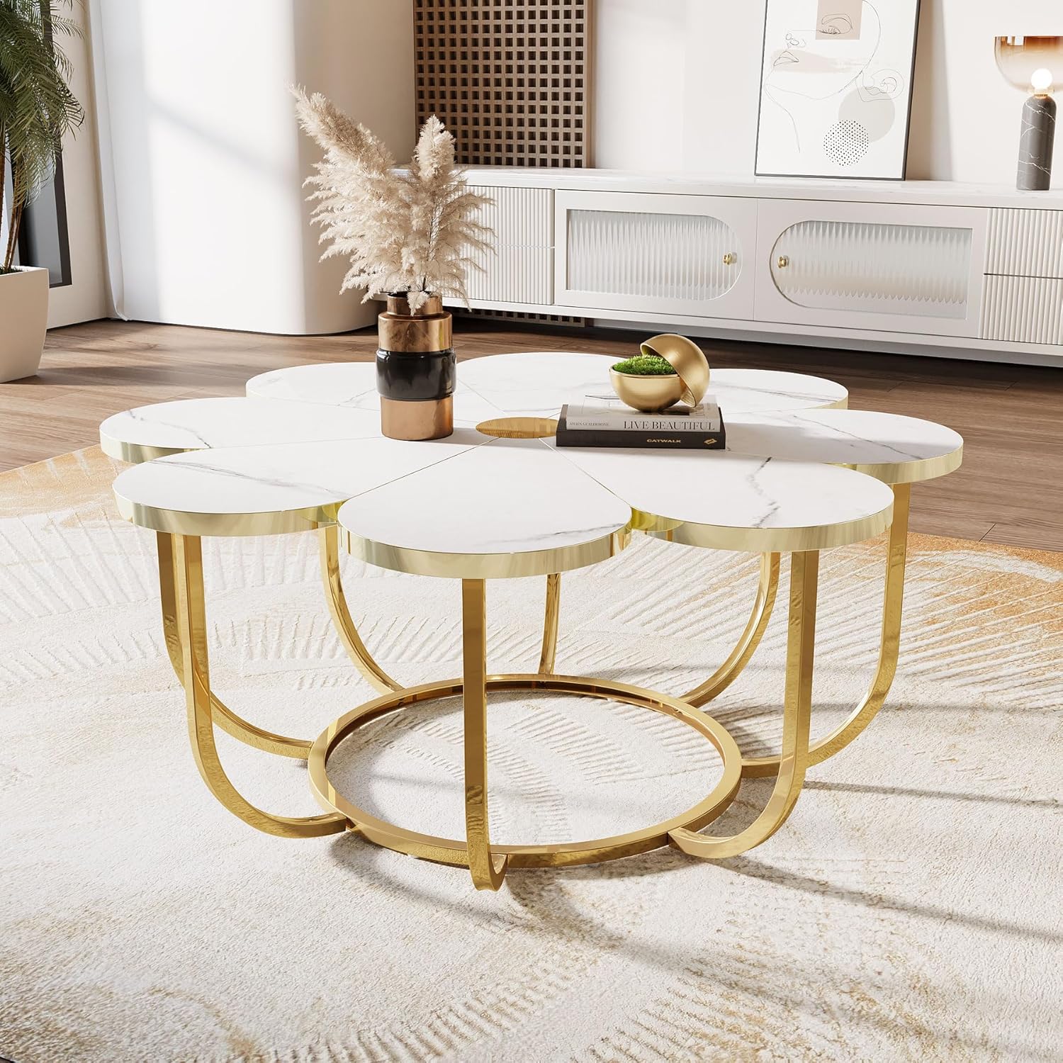 39.37" Floral Design Coffee Table, Faux Marble Top Modern Center Table for Living Room