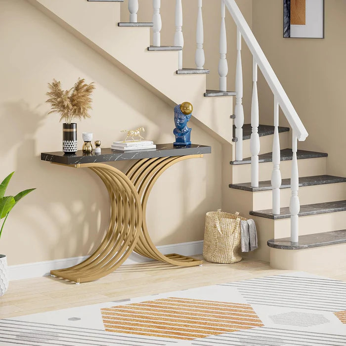 39” Gold Entryway Table, Faux Marble Narrow Wood Sofa Table Foyer Table for Entrance & Living Room