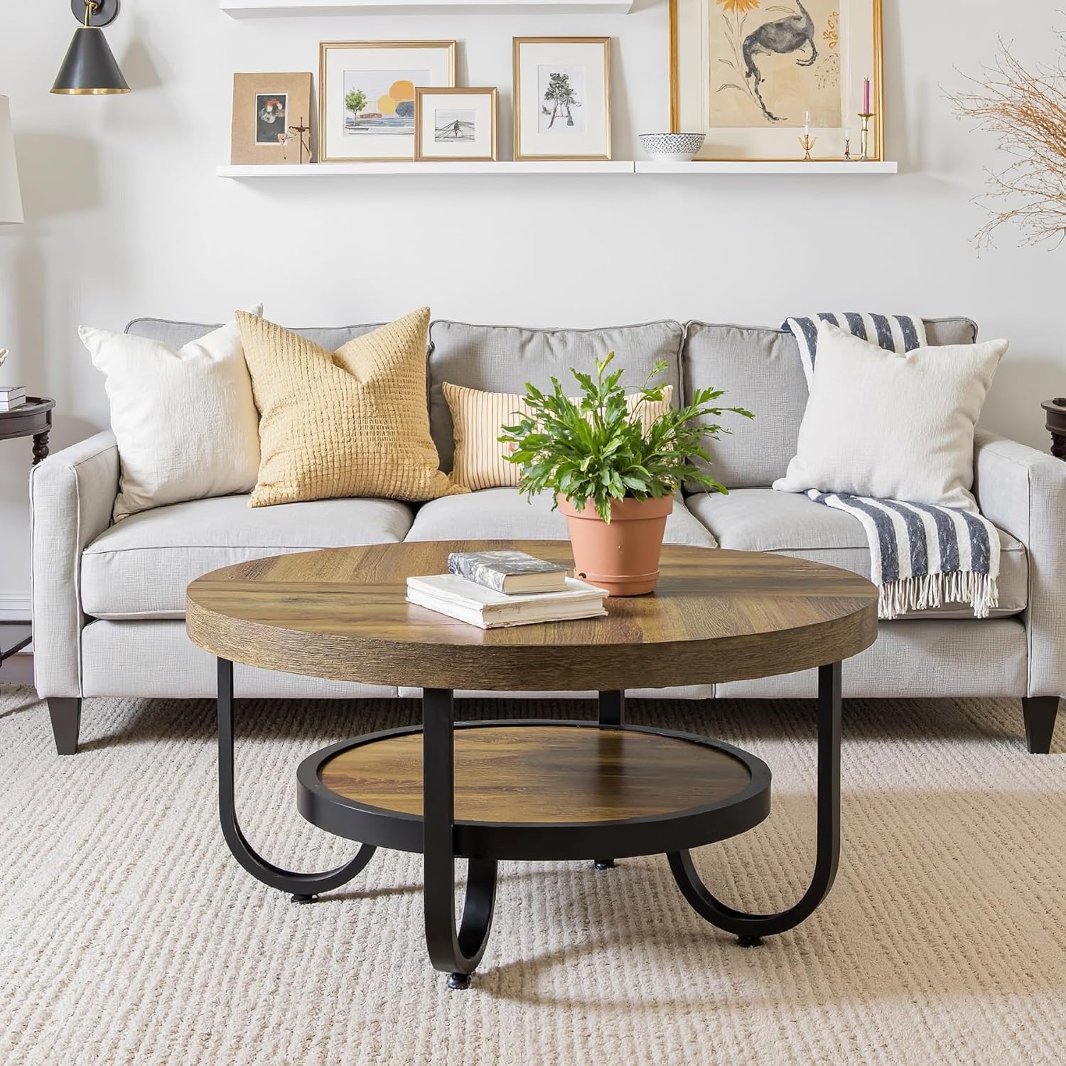 2-Tier Round Coffee Table with Storage, 31.5-Inch Center Cocktail Table