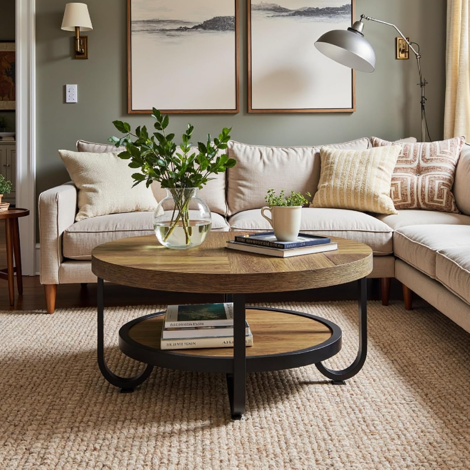 2-Tier Round Coffee Table with Storage, 31.5-Inch Center Cocktail Table