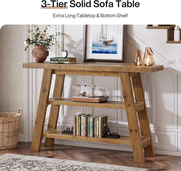 120cm Console Table, 3-Tier Solid Wood Farmhouse Entryway Table