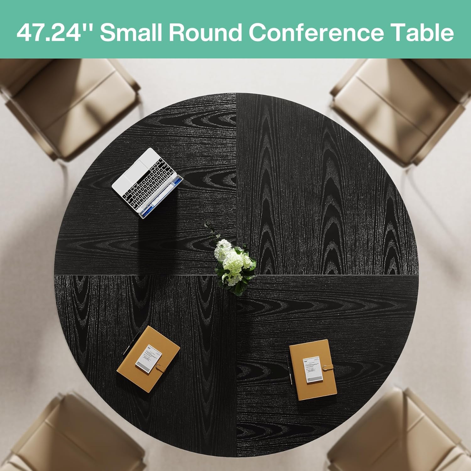 47" Round Conference Table for 4–6 People, Meeting Table with Sturdy Metal Base