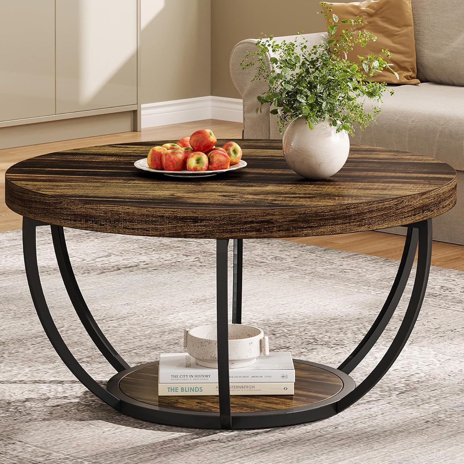 31.69" Round Wooden Coffee Table, 2-Tier Central Cocktail Table with Shelves