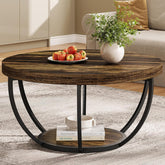 31.69" Round Wooden Coffee Table, 2-Tier Central Cocktail Table with Shelves 3