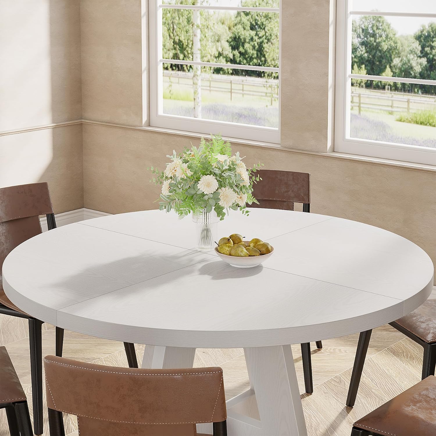 47" Round Dining Table, Farmhouse Wood Kitchen Table for 4-6 with Cross Base