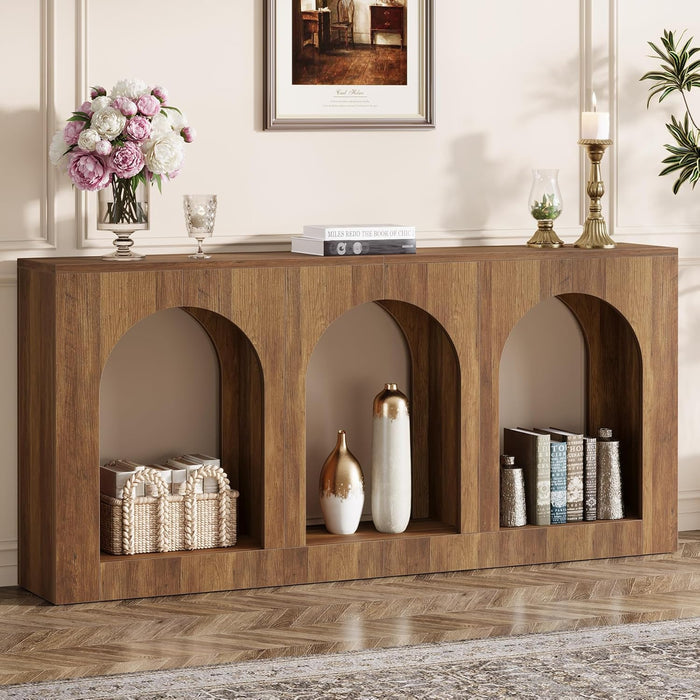 160cm Rustic Console Table, Narrow Entryway Table with 3 Arched Shelves