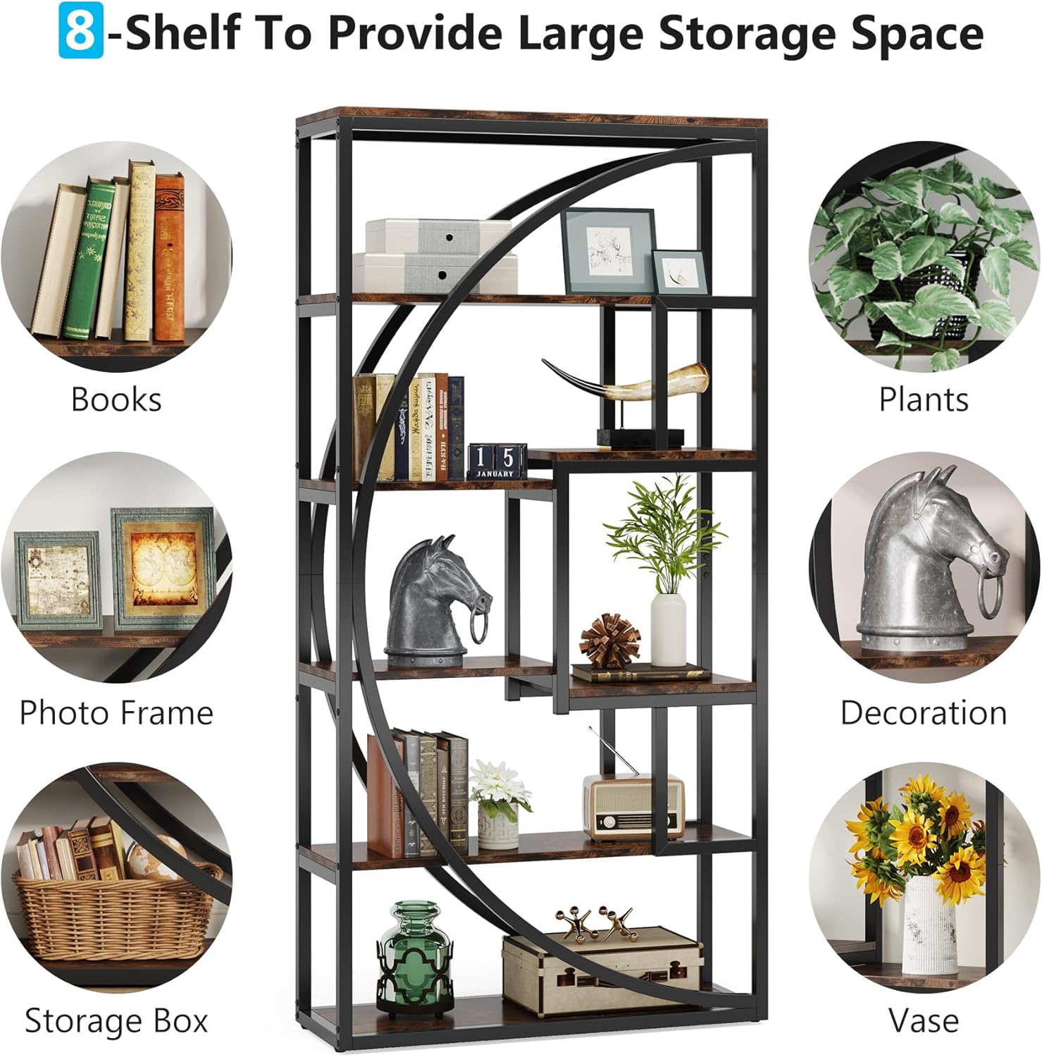 70.8" Industrial Bookshelf, 5-Tier Open Bookcase for Home Office and Living Room in Rustic Brown