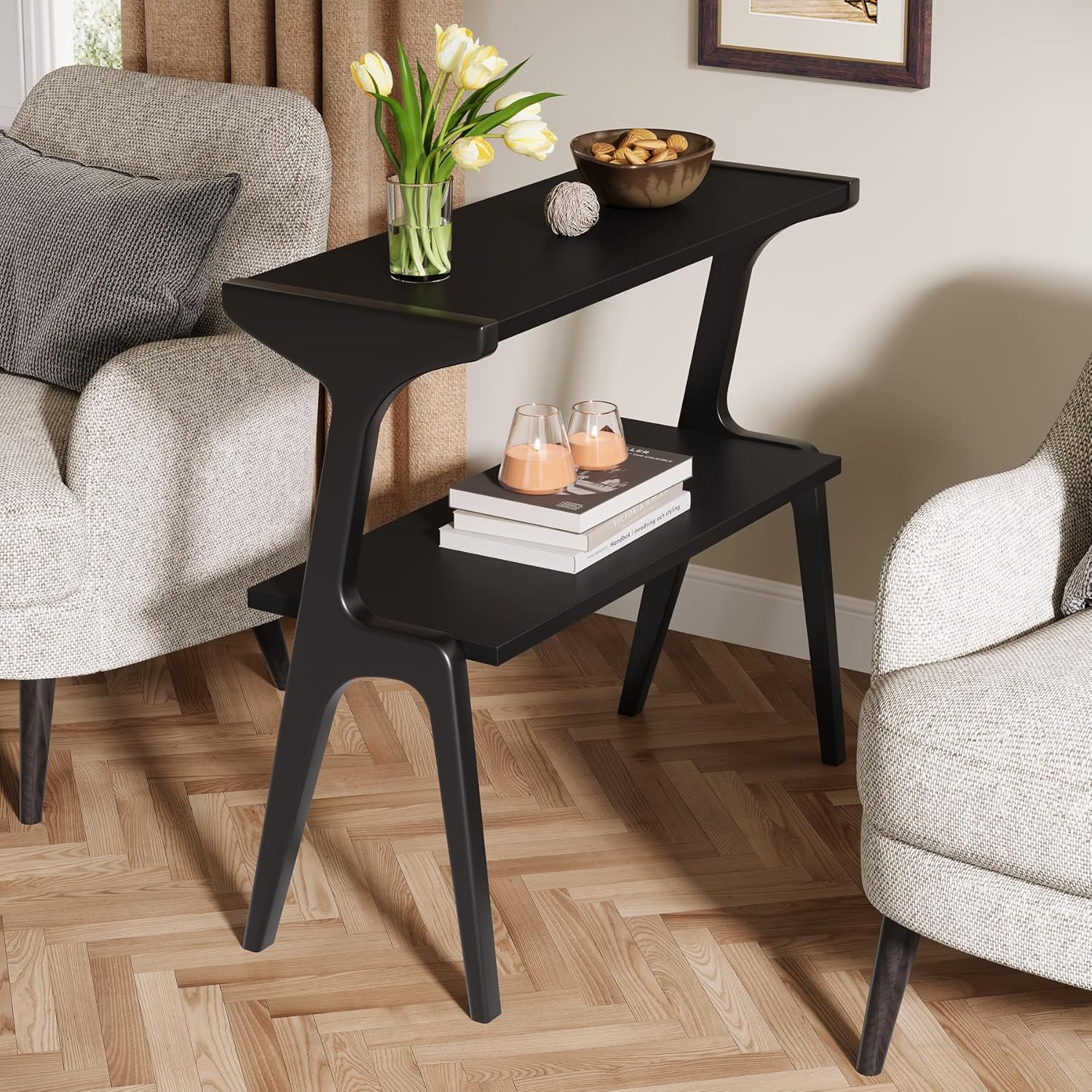27.5" 2-Tier End Table, Slim Sofa Side Table with Storage Shelf