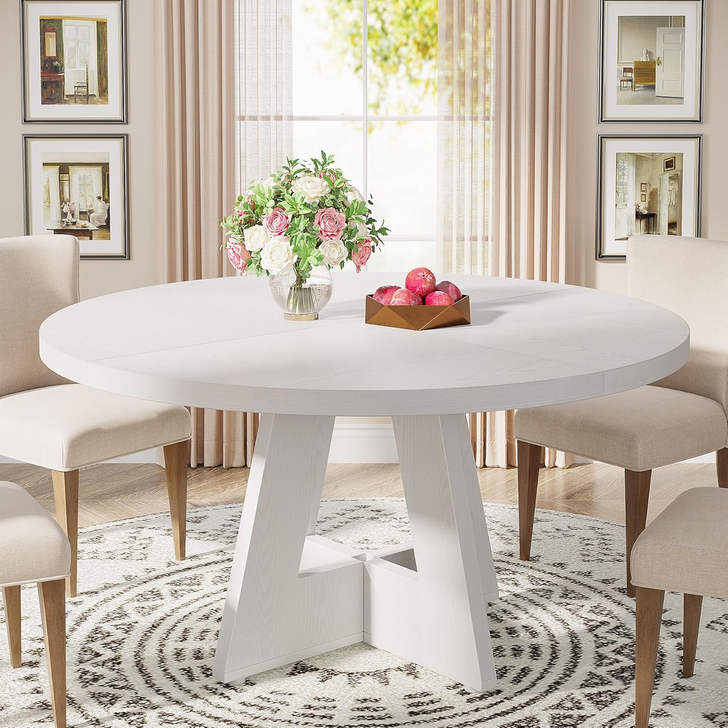 47" Round Dining Table, Farmhouse Wood Kitchen Table for 4-6 with Cross Base