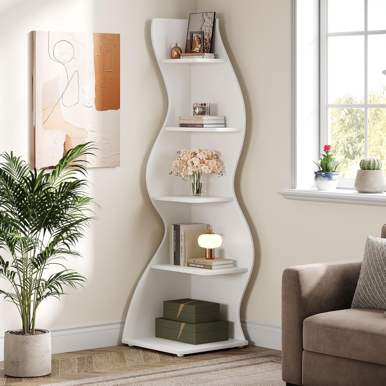 5-Tier Corner Shelf, Modern Wall Corner Bookshelf Bookcase