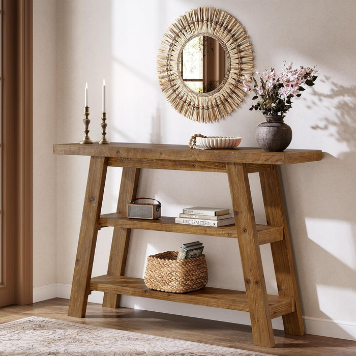 120cm Console Table, 3-Tier Solid Wood Farmhouse Entryway Table