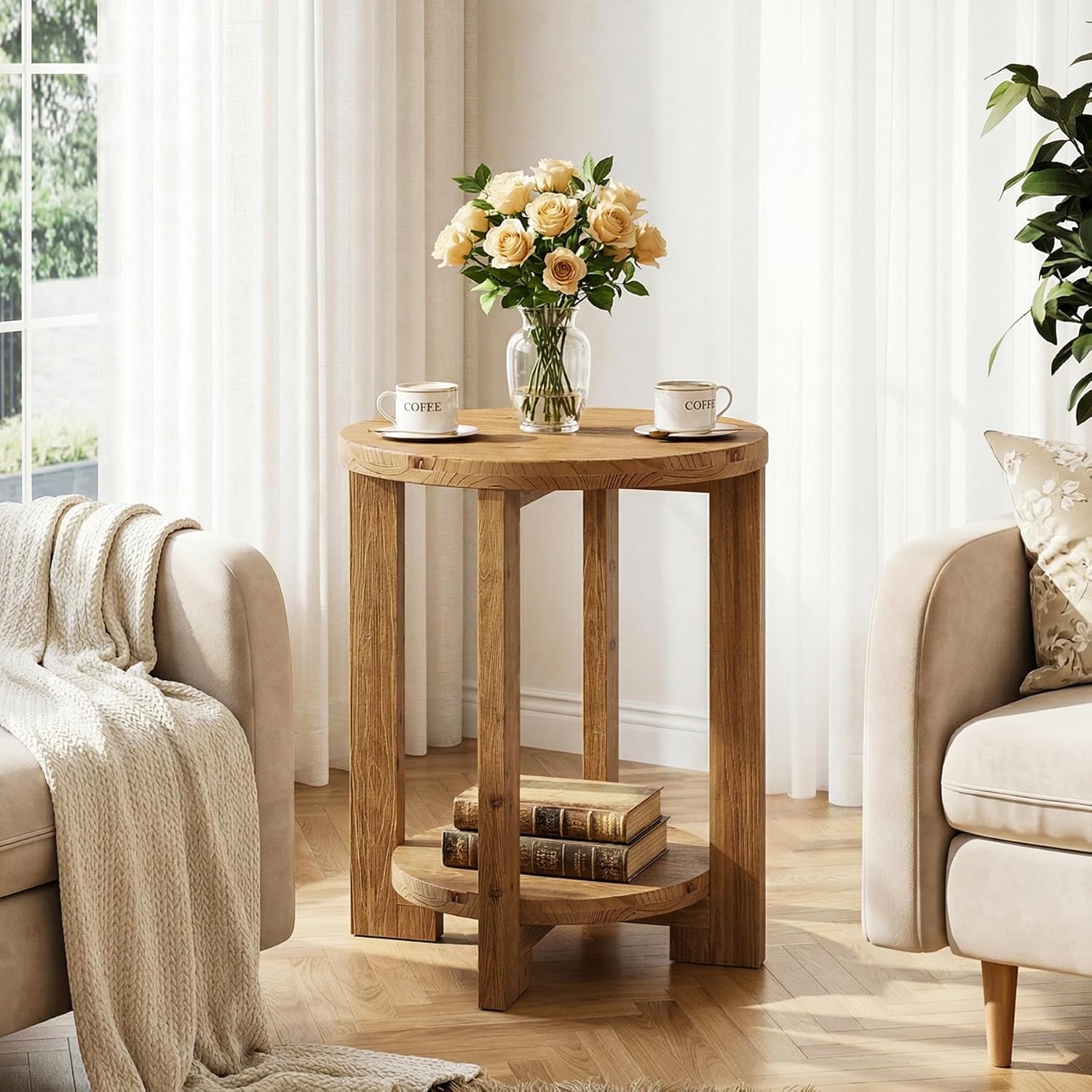 2-Tier Round End Table, Wooden Accent Table & Night Table for Living Room