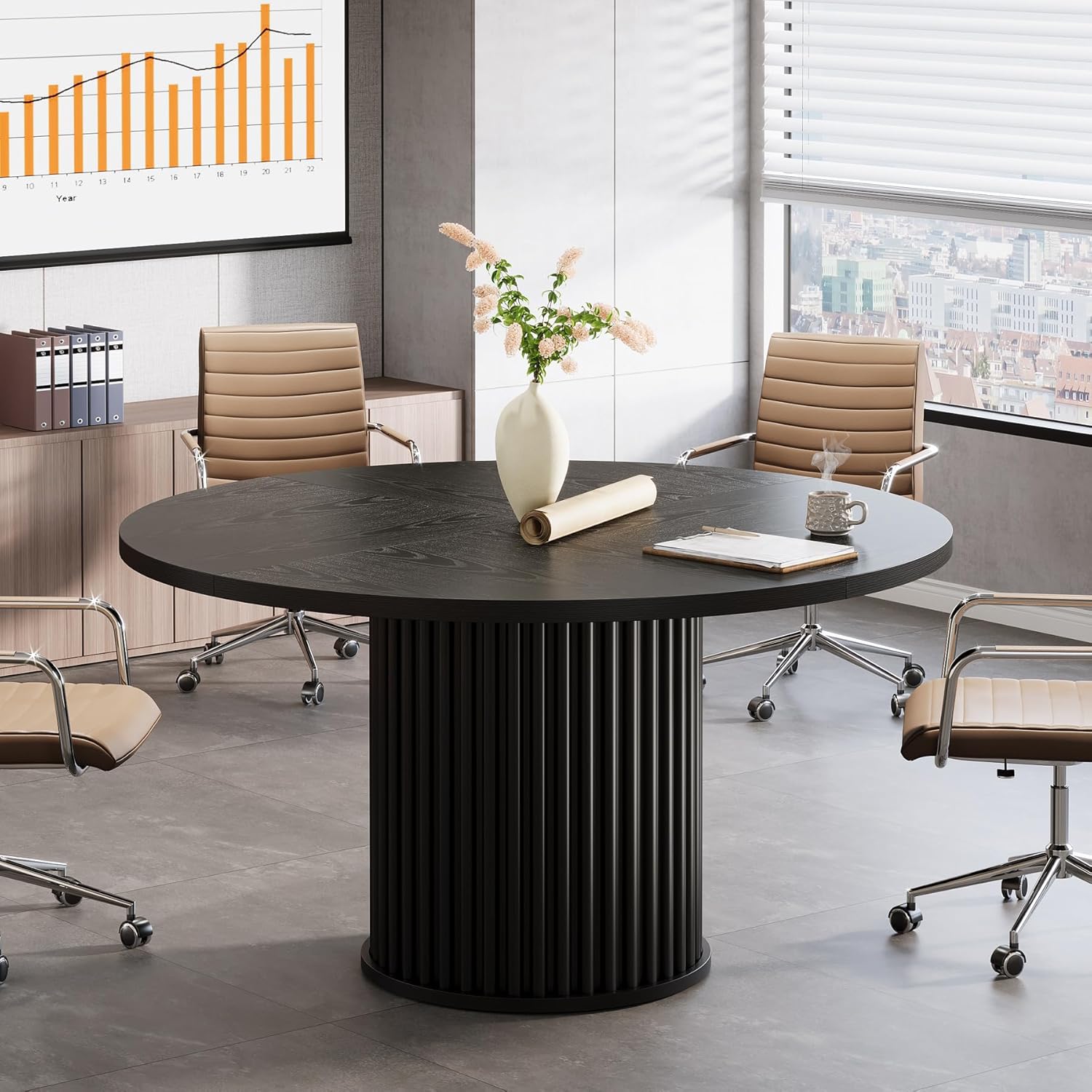 47" Round Conference Table for 4–6 People, Meeting Table with Sturdy Metal Base