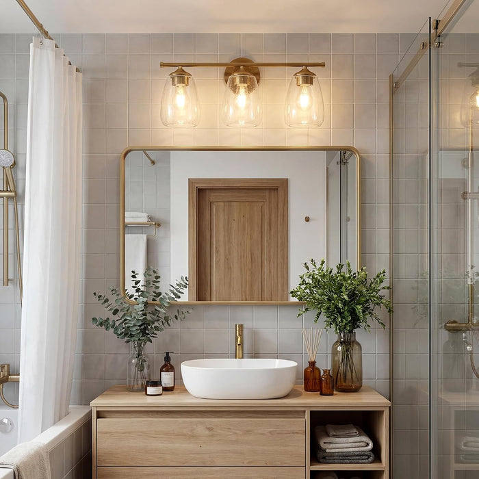 3-Light Gold Bathroom Vanity Light, Clear Glass Wall Sconce