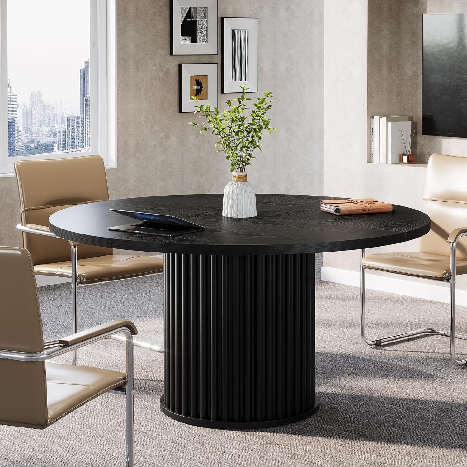 47" Round Conference Table for 4–6 People, Meeting Table with Sturdy Metal Base